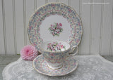 Vintage Queen Anne Royal Bridal Gown Teacup Saucer Luncheon Plate Orchids