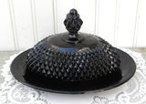 Vintage Indiana Glass Diamond Point Black Covered Butter Dish