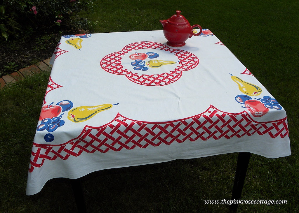 Vintage Red and White Tablecloth Fruits and Lattice