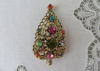 Vintage Dodds Filigree Rhinestone Christmas Tree Pin Brooch