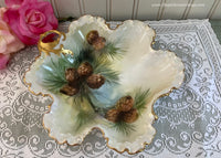 Vintage Hand Painted Evergreen Pinecone Christmas Dish