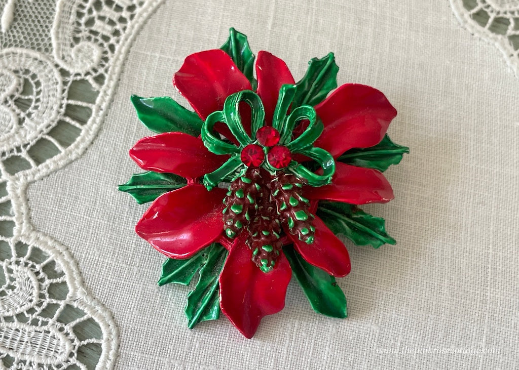 Vintage Poinsettia and Pinecone Enamel and Rhinestone Christmas Pin