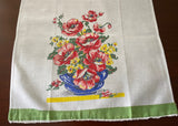 Vintage Tea Towel Red Poppies in Blue Flower Pot