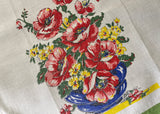 Vintage Tea Towel Red Poppies in Blue Flower Pot
