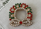 Vintage Style Rhinestone Christmas Wreath Pin