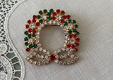 Vintage Style Rhinestone Christmas Wreath Pin