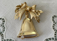 Vintage Gold Tone Moveable Christmas Bell and Bow Brooch Pin