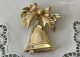 Vintage Gold Tone Moveable Christmas Bell and Bow Brooch Pin