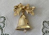 Vintage Gold Tone Moveable Christmas Bell and Bow Brooch Pin