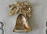 Vintage Gold Tone Moveable Christmas Bell and Bow Brooch Pin