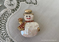 Vintage Mother of Pearl and Rhinestone Snowman Pin