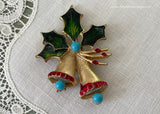 Vintage Holly and Christmas Bells with Turquoise Pin Brooch