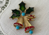 Vintage Holly and Christmas Bells with Turquoise Pin Brooch