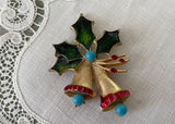 Vintage Holly and Christmas Bells with Turquoise Pin Brooch