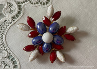 Vintage Patriotic Red White and Blue Milk Glass Rhinestone Pin Brooch
