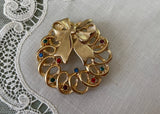 Vintage JJ Christmas Wreath Pin with Bow and Rhinestones