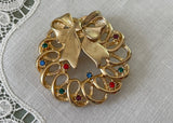 Vintage JJ Christmas Wreath Pin with Bow and Rhinestones