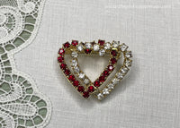 Vintage Intertwined Double Heart Red White Rhinestones Valentine Pin