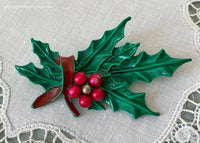 Vintage Enameled Christmas Holly Pin Brooch