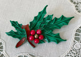 Vintage Enameled Christmas Holly Pin Brooch