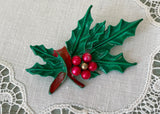 Vintage Enameled Christmas Holly Pin Brooch