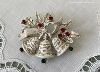 Vintage Dodds Christmas Bells Enamel and Rhinestone Pin Brooch