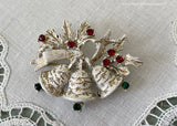 Vintage Dodds Christmas Bells Enamel and Rhinestone Pin Brooch