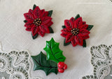 3 Vintage Plastic Christmas Poinsettia and Holly Pins