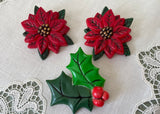 3 Vintage Plastic Christmas Poinsettia and Holly Pins