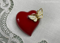 Vintage Valentine's Day Red Heart and Butterfly Enameled Pin Brooch