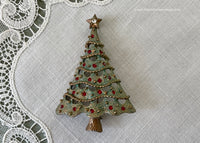 Vintage Christmas Tree Red Rhinestones Pin Brooch