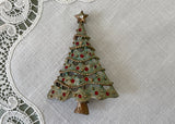 Vintage Christmas Tree Red Rhinestones Pin Brooch