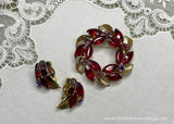 Vintage Weiss Ruby Red Rhinestone Circle Wreath Pin and Earrings Set