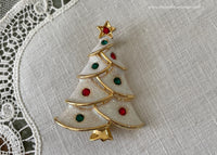 Vintage Enameled Sparkling Rhinestone White Christmas Tree Pin