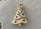 Vintage Enameled Sparkling Rhinestone White Christmas Tree Pin