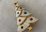 Vintage Enameled Sparkling Rhinestone White Christmas Tree Pin