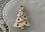 Vintage Enameled Sparkling Rhinestone White Christmas Tree Pin