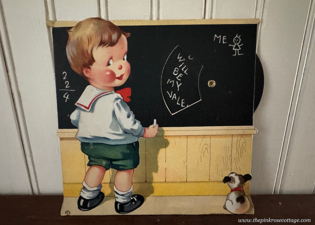 Antique Ruth E Newton School Boy and Pup Moveable Valentine Card