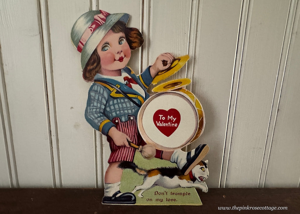 Antique Mechanical Little Girl Playing a Drum with Cat Germany