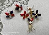 Vintage Patriotic Red White Blue Milk Glass Rhinestone Pin Earring Set