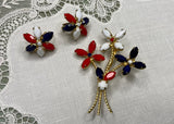 Vintage Patriotic Red White Blue Milk Glass Rhinestone Pin Earring Set