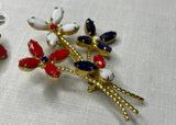 Vintage Patriotic Red White Blue Milk Glass Rhinestone Pin Earring Set