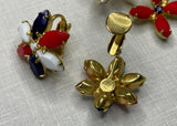 Vintage Patriotic Red White Blue Milk Glass Rhinestone Pin Earring Set