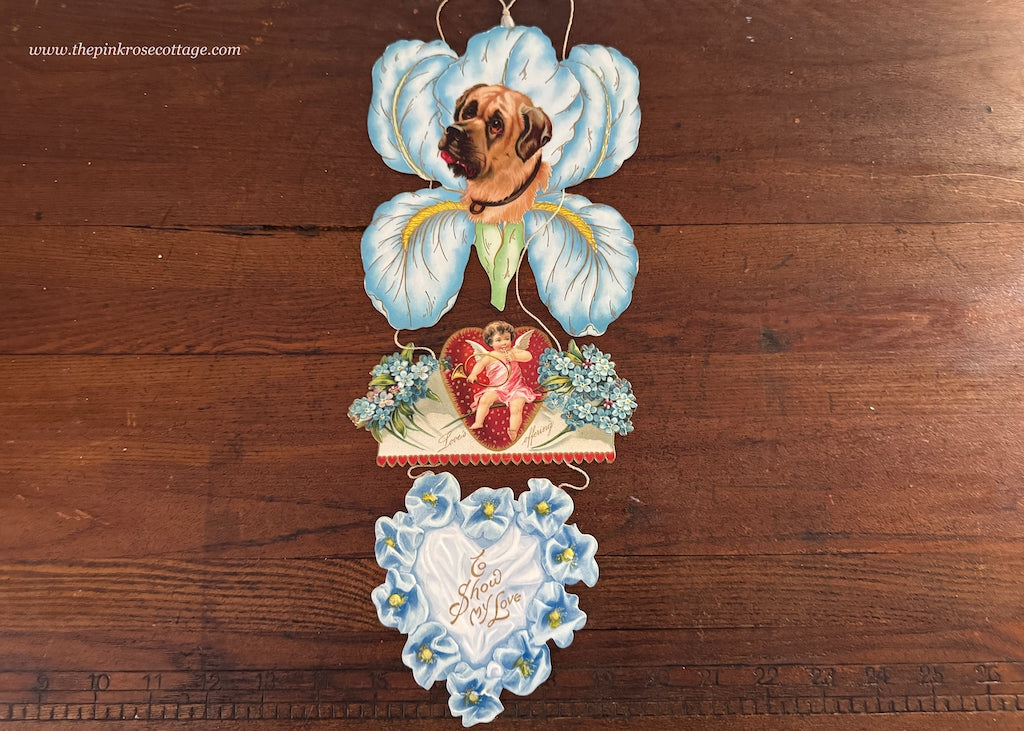 Victorian Die-Cut 3 Part Hanging Valentines Card Mastiff Dog Cherub and More