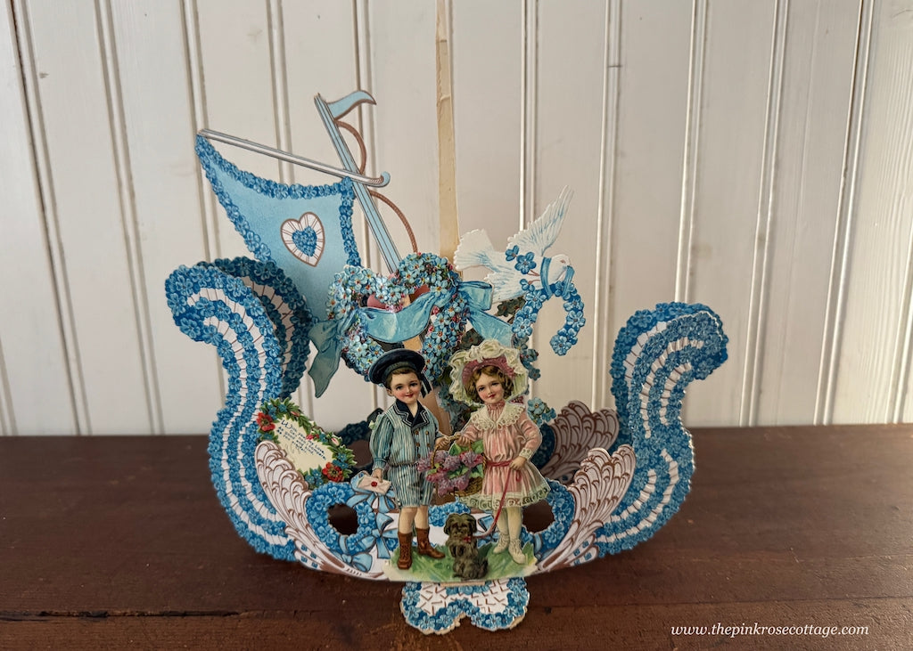 Antique 3 D Die-Cut Valentine's Card Forget-Me-Not Gondola