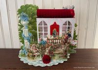 Antique Valentine Card Die-Cut Pop-Up Honeycomb Cottage Pink Roses Germany