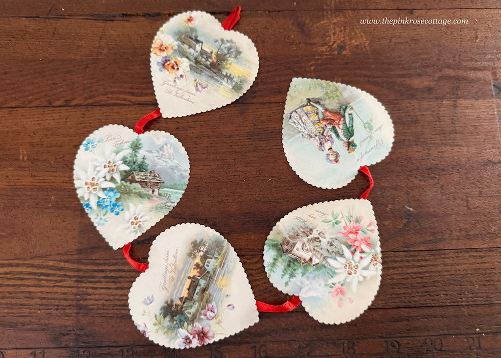 Vintage  Die-Cut Hanging Floral Hearts Valentines Day Card - The Pink Rose Cottage 