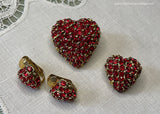 Vintage Valentines Red Pave Rhinestone Scatter Pin Hearts and Earrings