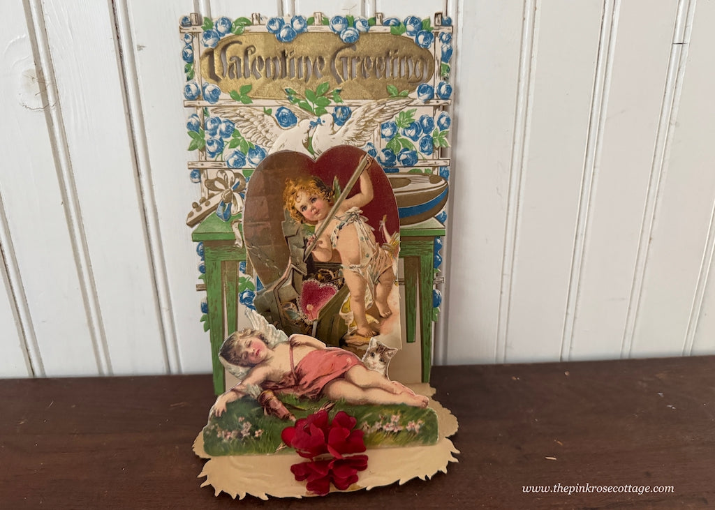 Antique Die-Cut Pop-Up Valentine's Card Cupid Cherub Blue Roses