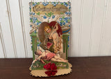 Antique Die-Cut Pop-Up Valentine's Card Cupid Cherub Blue Roses